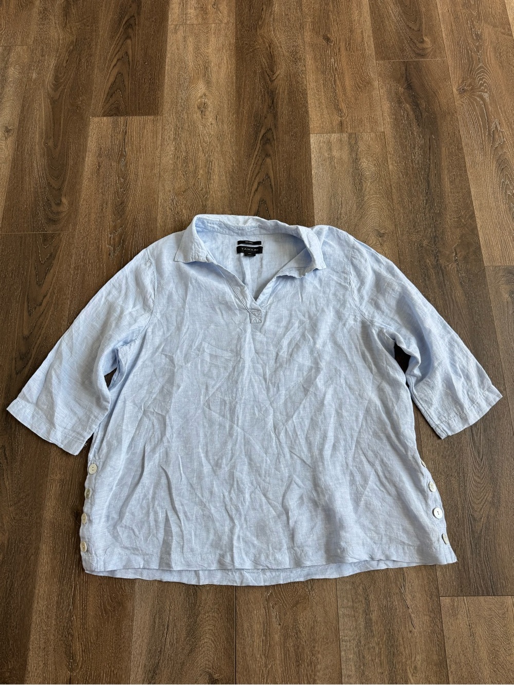 Tahari Light Blue Casual Button-Side Linen Blend Shirt Women’s Size 1X